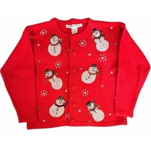 Vintage Victoria Jones Pearl Beaded Snowman Christmas Cardigan Sweater L Winter
